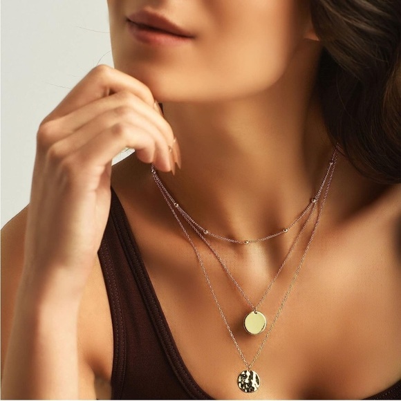 GOLD 18k Gold Plated 3pc Beaded Textured Disc Pendant Necklace - Picture 1 of 4